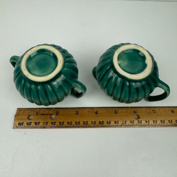Vtg Small Ceramic Creamer Sugar Set MCM Sage Green Teal Swirled Ribbed Textured - Picture 10 of 10
